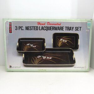 Vintage Asahi Trading Co Inc 3 Pc Nested Lacquerware Tray Set Floral Design